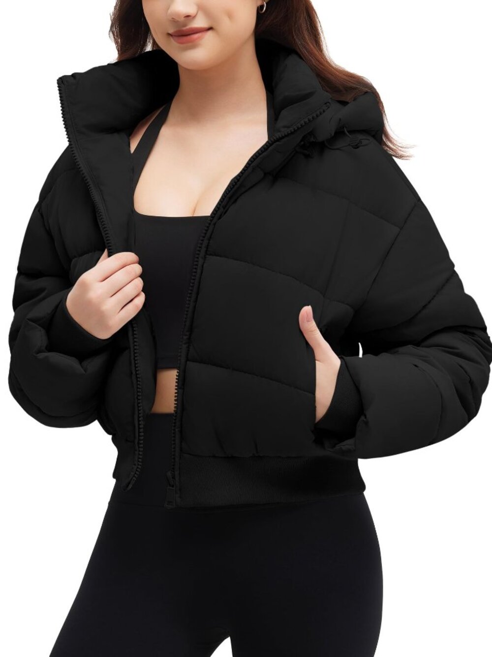 WHN Women’s Cropped Puffer Jacket Long Sleeve Winter Puffy Short Warm Casual